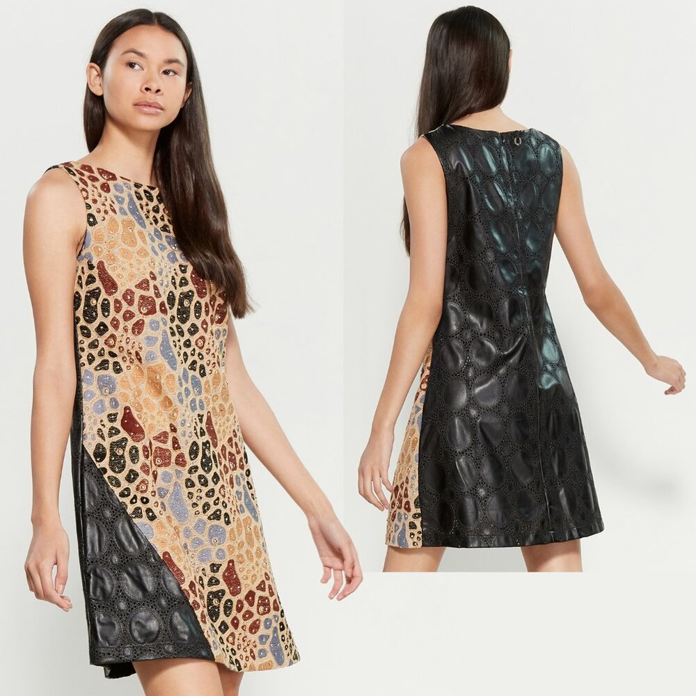 SAVE THE QUEEN DRESS SHEATH GIRAFFE JACQUARD ECO LEATHER sz S SMALL